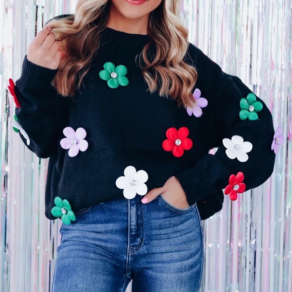 POPPY GARDEN FLORAL RHINESTONE SWEATER - Picture 1 of 5